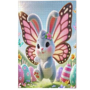 Imagem de Quebra-cabeça de coelho fofo borboleta coelho animal 1000 peças para adultos, quebra-cabeça engraçado natureza divertida arte floral animal fofo, 1000 peças, 75 x 50 cm