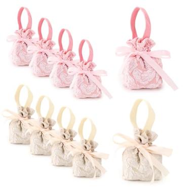 Imagem de Diakey Pacote com 10 sacos de presente pequenos com alças, sacos de lembrancinha de festa de casamento com cordão, mini bolsas de presente de tecido a granel para guloseimas, doces, guloseimas