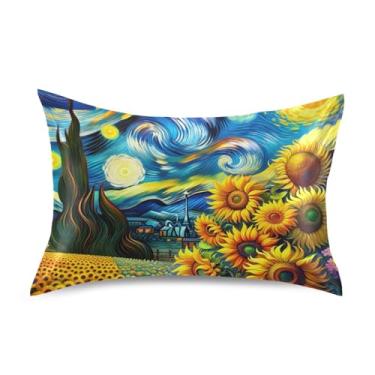 Imagem de Fronhas de cetim para cabelo noite estrelada girassóis pintura padrão queen king size almofadas padrão refrescante roupa de cama decoração de casa tamanho padrão 66 cm x 50 cm