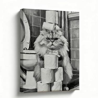 Imagem de Arte de parede de banheiro de gato engraçado, 20 x 25 cm, impressão em tela de pilha de papel higiênico e gato fofo, decoração de banheiro preto e branco para banheiro de hóspedes, pronto para