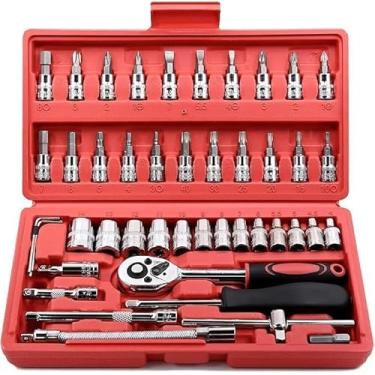 Imagem de Kit de Ferramentas 46 Peças com Chave Catraca Soquetes e Bits – Conjunto Profissional Cromado Cr-V com Maleta Vermelha Portátil para Reparos Automotivos e Domésticos