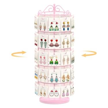 Imagem de EsLuker.ly Suporte de brinco organizador giratório para árvore de exibição, suporte de cartão de brinco de altura ajustável com 50 ganchos para venda no mercado, torre de armazenamento de joias de