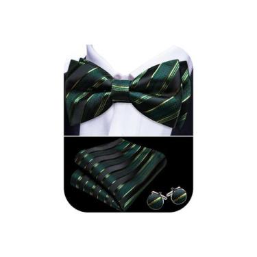 Imagem de Conjunto de gravata borboleta Barry.Wang, verde, preto, seda listrada