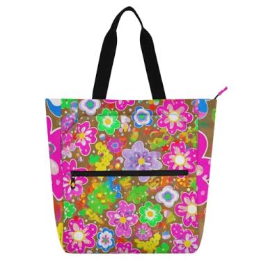 Imagem de GAIGEO Sacolas de trabalho de tecido colorido marrom floral para mulheres, bolsa de lona com zíper, bolsa de praia, utilitária, escritório, amantes de livros