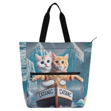 Imagem de GAIGEO Bolsa de trabalho com estampa de gatos Titanic Kitten para mulheres, bolsas de tecido de lona, faculdade, escola, carteiro, carteiro, amantes de livros