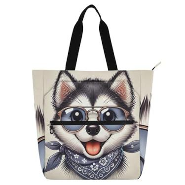 Imagem de GAIGEO Husky Dog Cute Puppy Tote feminina bolsa de trabalho lona praia livro tote com zíper professores presente para amantes de livros bolsas