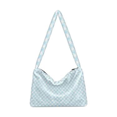 Imagem de GAIGEO Bolsas de ombro femininas com círculos azuis em aquarela pontilhada, bolsas de ombro, bolsas de outono, Azul claro xadrez, One Size