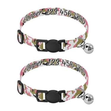 Imagem de Pacote com 2 faixas personalizadas de camuflagem rosa verde para gatos com nome e número de telefone, alça de pescoço confortável para animais de estimação com fecho de pressão, serve para pescoço de