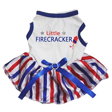 Imagem de Petitebella Little Firecracker Vestido de algodão com tutu para cachorros (Médio, Branco/Listras RWB)