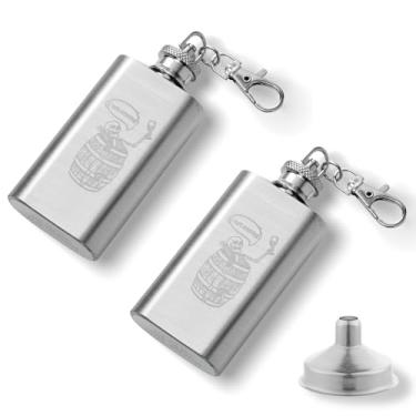 Imagem de RAMFIYN 2 peças I Quit Drinking Mini Garrafa de Vinho de Bolso de Aço Inoxidável Portátil Padrão de Barril de Caveira Hip Chaveiro Frasco de 59 ml Recipiente de Uísque à Prova de Vazamento com Funil