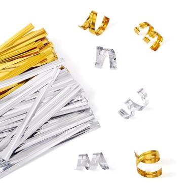 Imagem de 2 sacos de abraçadeiras metálicas metálicas douradas reutilizáveis para pão doce, salgadinho, lembrancinha de bolo, 60 x 4 x 0,3 mm