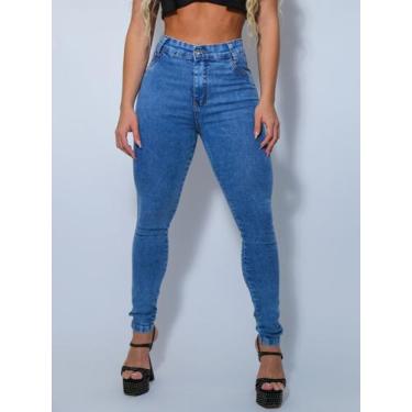 Imagem de Calça jeans feminina cos alto laycra marmorizada com levanta bumbum - 