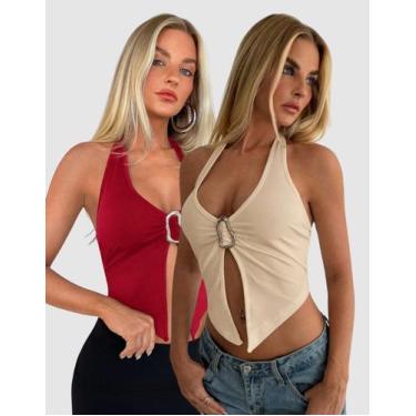 Imagem de Kit 2 Cropped Feminino Regata Suplex Decote V Fivela Orgânica Moda Blo