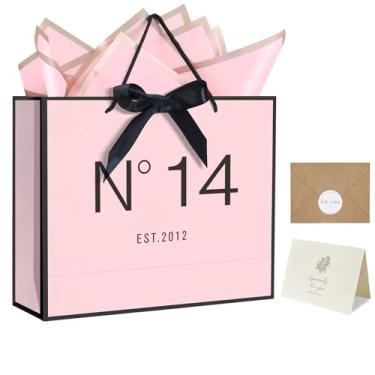 Imagem de QLSKO Bolsa de presente de aniversário de 33 cm com envelope de cartão, fita de laço e papéis de seda para mulheres, meninas, design com alças, 13 a 100 anos (EST.2012 14, 33 cm L x 26,7 cm A x 11 cm