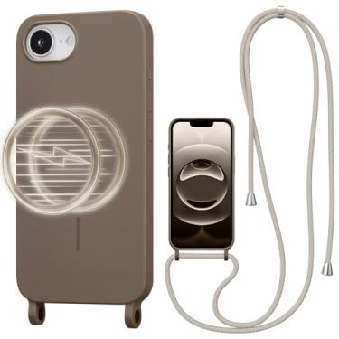 Imagem de UCASONG Capa transversal magnética para iPhone 16E de 6,1 polegadas, capa de silicone líquido com alça ajustável no pescoço, [compatível com MagSafe] Capa protetora de telefone à prova de choque