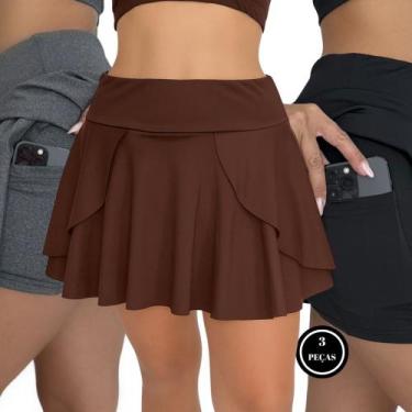 Imagem de Kit 3 Short Saia Esportiva com Bolsos - c13 KIT 3 FLOR PRETO CINZA E M
