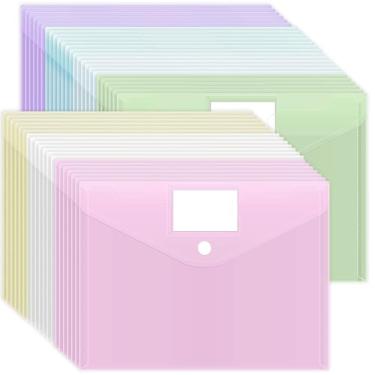 Imagem de EOOUT 45 envelopes de plástico, pastas de arquivo de plástico para documentos, pastas de poliéster com fecho de gancho e laço tamanho A4 com bolso de etiqueta para material escolar e de escritório