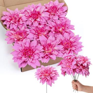 Imagem de Norme 24 peças de flores artificiais grandes de 13 cm, dálias falsas de seda com caules, flores falsas, buquês de casamento, arranjos florais para decoração de mesa de chá de panela DIY (rosa escuro)