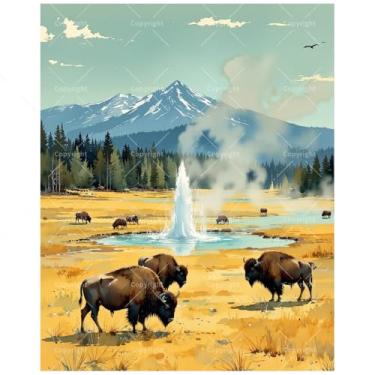 Imagem de Yellowstone Wildlife Paint by Numbers Kit para adultos – Cena DIY de bisões e gêiser com pintura de montanhas em tela, 20 x 30 cm, conjunto de tinta acrílica emoldurada para iniciantes, arte para