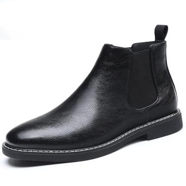 Imagem de Chelsea Botas masculinas casuais confortáveis sem cadarço, cano baixo, bico redondo, couro PU, elegante, cano alto, sapatos de trabalho, Preto, 41