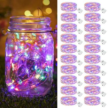 Imagem de btfarm Pacote com 20 luzes de fada operadas por bateria [3 modos], 2,1 m, 20 luzes LED cintilantes, cordão de luzes à prova d'água, pequeno fio prateado para potes de pedreiro, vasos de mesa de