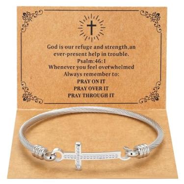 Imagem de DS Pulseira religiosa com cruz cristã, versículo bíblico, God is within her, She Will Not Cair, pulseiras inspiradoras para mulheres, joias de aço inoxidável, presente para filha, melhor amiga, 8.26IN