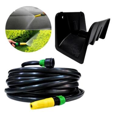 Imagem de Mangueira Preta 15m Resistente + Suporte Parede Plástico Reforçado - U