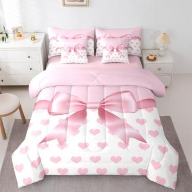 Imagem de Feelyou Jogo de cama de 7 peças com laço rosa, fofo, coração, amor, para crianças, meninos, meninas, estilo princesa, rosa, branco, macio, leve