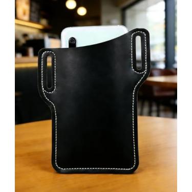 Imagem de Bolsa de couro para celular para homens e mulheres, coldre universal de couro para celular com passadores de cinto preto