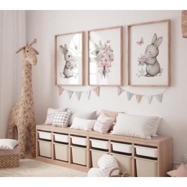 Imagem de Decoração de parede 3 peças de pintura floral em tela aquarela flores silvestres imagens de pôster para decoração de quarto de berçário casa com moldura interna de madeira