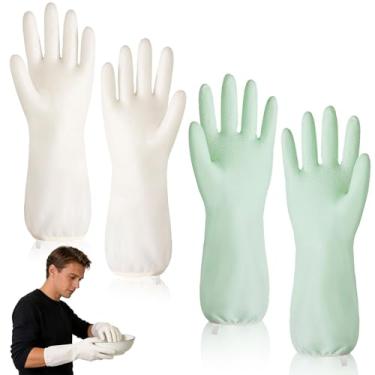 Imagem de Luvas de borracha para limpeza 2 conjuntos - suporte de cozinha e uso doméstico à prova d'água com antiderrapante, reutilizável e confortável (branco + verde)