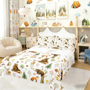 Imagem de Castle Fairy Jogo de lençol solteiro fofo urso veado, raposa, coelho, planta, floral, animal selvagem, casa de fazenda, para quarto de meninos e meninas, lençol de cima, lençol com elástico 3 peças