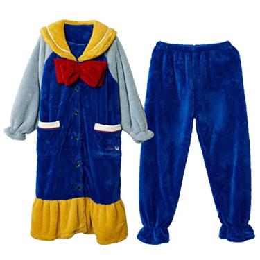Imagem de 3FLQOOPP Pijama de inverno feminino pijama saia conjunto de pijama longo desenho animado coral noite solto pijama quente GG (azul 1X)
