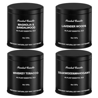 Imagem de Conjunto de velas perfumadas masculinas de magnólia, sândalo/uísque, madeira de teca, mogno/lavanda | Pacote com 4 velas de aromaterapia, presente em latas pretas foscas para o Natal, pai