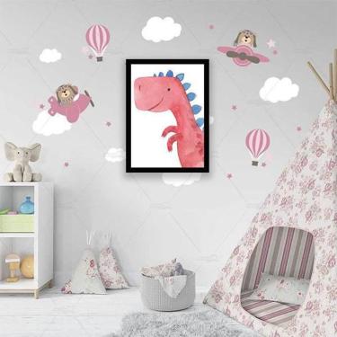 Imagem de Quadro Decorativo Infantil Dinossauro Rosa Moldura Preta