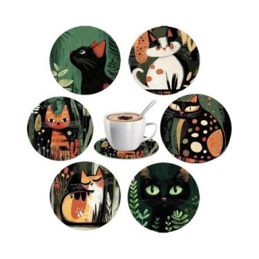 Imagem de Porta-copos De Madeira Com Tema De Gato Preto, 6 Peças, 4 Polegadas, R