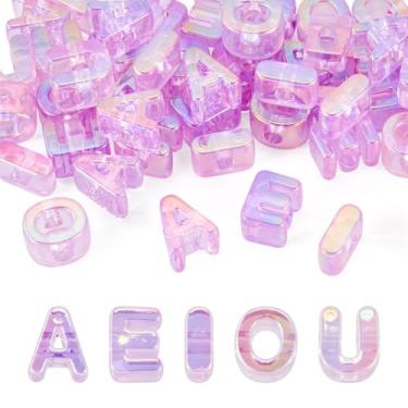 Imagem de FASHEWELRY Contas de letras grandes violeta cristal 50 peças de acrílico colorido grande contas do alfabeto vogal AEIOU espaçador contas de paracord para chaveiros, bolsa, kit de berloques, correntes