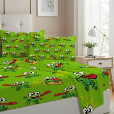 Imagem de Allenjoy Jogo de lençol verde fofo com sapo aventura, lençol de cima e 2 fronhas para decoração de quarto de meninas e adolescentes, tamanho casal