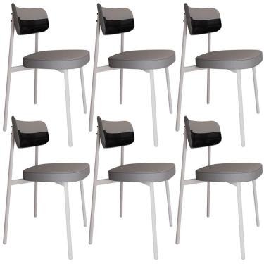 Imagem de Kit 06 Cadeiras Estofada Para Sala de Jantar Astrid Branco C01 Linho Cinza Courino Preto - Lyam Decor
