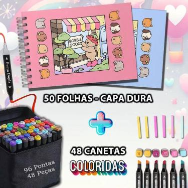 Imagem de Kit Caderno + Canetinhas Bobbie Goods Ponta Dupla 48 - Azul