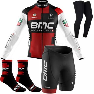 Imagem de Kit Ciclismo BMC Camisa Bermuda Meia Pernito Manga Longa Forro Gel 3D 