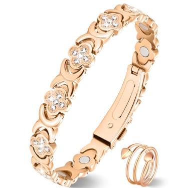 Imagem de Jeracol Pulseiras e anel de cobre para mulheres, pulseira magnética ultra forte com ímãs de 3800 gauss e zircônia cúbica brilhante, joia de trevo de cobre puro, Cobre