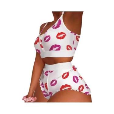 Imagem de Conjunto De Pijama Sexy Feminino 2 Peças Com Estampa, Camisola, Top E 