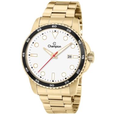 Imagem de Relógio masc dourado aço inox  aro preto fundo branco-Masculino