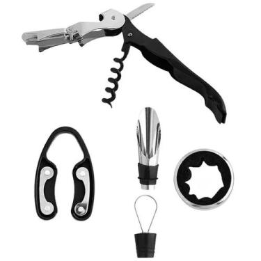 Imagem de Kit vinho com saca rolhas, tampa, aerador, corta lacre e anel salva go