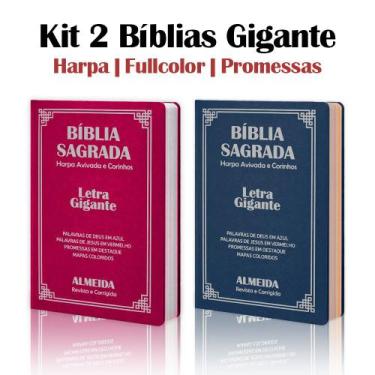Imagem de Kit 2 Biblias Sagrada Letra Gigante Luxo Popular - Pink e Azul - Com H
