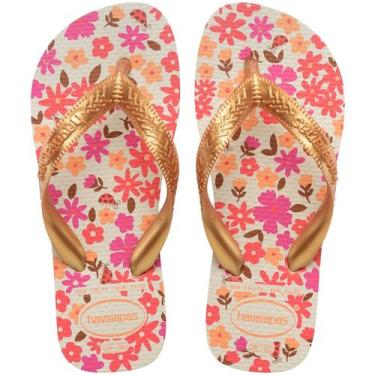 Imagem de Chinelo Infantil Havaianas Estampa Flores Tiras Largas, Bege, Dourado,