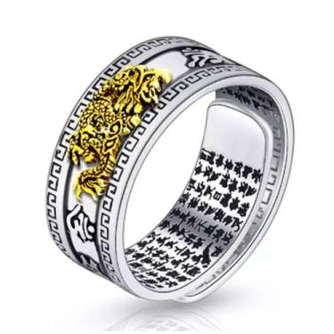 Imagem de Anel Prateado Detalhes Dourado Mantra Proteção Pixiu Mani  - DCXAM