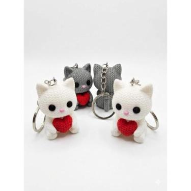 Imagem de Chaveiro gatinho com coração 3d cinza e branco acessório fofo para cha