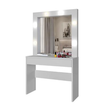Imagem de Penteadeira Requinte 1 Gaveta com Espelho Porta Jóias e Iluminação LED Bivolt MDF-MDP Branco Mavaular Móveis